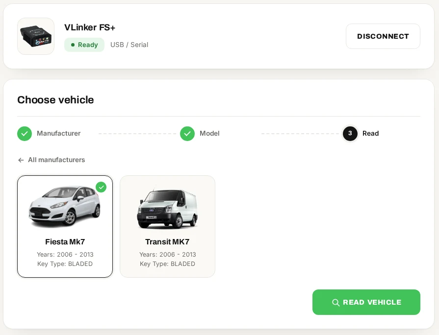 Choose vehicle screen showing Ford Fiesta Mk7 and Transit Mk7 with year range and key type
