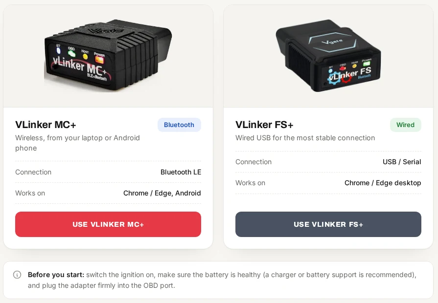 TotalOBD adapter selection screen showing VLinker MC+ and VLinker FS+
